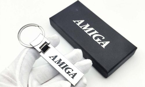 Amiga Metal Keychain with a sleek embossed design on a white background