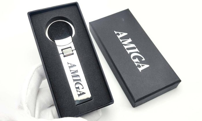 Amiga Metal Keychain in its premium black gift box ready for enthusiasts