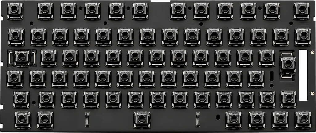 A600 Mechanical Keyboard Switch Plate Proposed Amiga 600 mechanical keyboard: black plate with A1200NET linear switches fitted in the A600 key layout, no keycaps